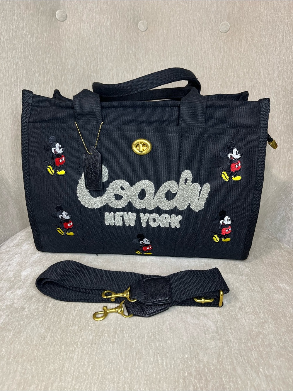 Coach Black Canvas Mickey Embroidered Tote with Gold Hardware